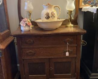 Washstand with George and Martha Washington pitcher and bowl