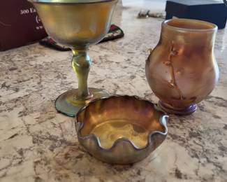 Tiffany & Co Iridescent Favrile Scalloped bowl, glass goblet & vase Signed LCT