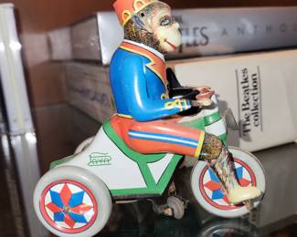 Tin Toy Monkey riding Tricycle - wind up driving
