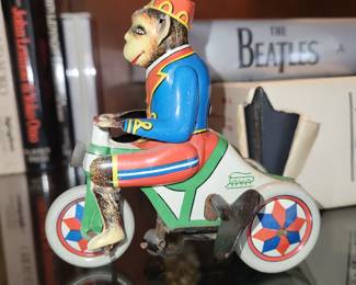 Tin Toy Monkey riding Tricycle - wind up driving