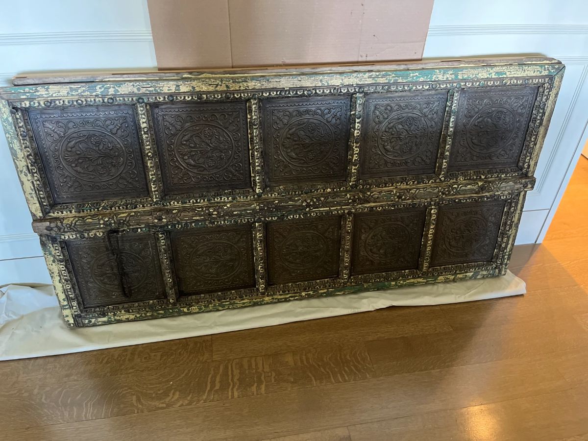 $800  Antique Indian tin hammered design panel piece with cleat ready to mount on a wall.  36" x 70" x 4.5"d.  Currently made to be hung horizontally but could be adapted to hang vertically.  Available during  online beginning sale beginning Wednesday, May 8th at 8am and ending Thursday May 9th at 4pm.   Click on message seller to let us know you want to purchase it and we will reply with next steps. 