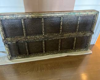 $800  Antique Indian tin hammered design panel piece with cleat ready to mount on a wall.  36" x 70" x 4.5"d.  Currently made to be hung horizontally but could be adapted to hang vertically.  Available during  online beginning sale beginning Wednesday, May 8th at 8am and ending Thursday May 9th at 4pm.   Click on message seller to let us know you want to purchase it and we will reply with next steps. 