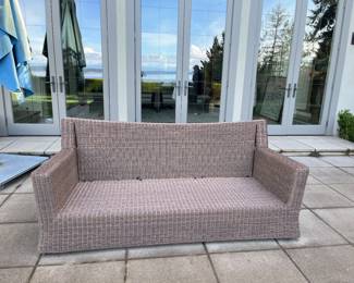 $4200. Three piece outdoor wicker sofa from Terry Hunziker. Matches the armchairs. 82 inches wide by 34 inches deep by 35 1/2 inches high.  Photo with cushions follows.  Originally $9000.  Available during  online beginning sale beginning Wednesday, May 8th at 8am and ending Thursday May 9th at 4pm.   Click on message seller to let us know you want to purchase it and we will reply with next steps.