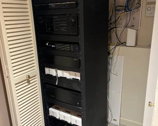 Stereo equipment tower and sonos media steamers for sale during in-person shopping Friday and Saturday.