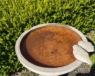 $120. Lovely cement birdbath measures 22 inches in diameter by 31 inches high.  as found.  