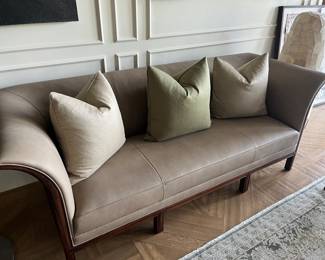 $7,400 Beautiful Fritz Henningsen leather sofa.  It measures 84 inches wide by 32 inches feet x 30.5 inches high.  Originally $11,500.    Available during  online beginning sale beginning Wednesday, May 8th at 8am and ending Thursday May 9th at 4pm.   Click on message seller to let us know you want to purchase it and we will reply with next steps.