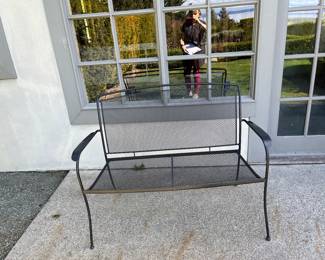 $140. Wrought iron bench. 47 inches wide by 35 inches deep by 24 inches high.  Matches four chairs in next photo.  Available during  online beginning sale beginning Wednesday, May 8th at 8am and ending Thursday May 9th at 4pm.   Click on message seller to let us know you want to purchase it and we will reply with next steps.