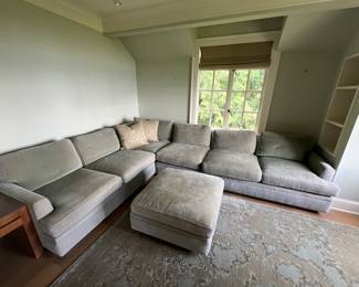 $2,800 Custom designed Terry Hunziker sectional. 103 inches wide by 40.5 inches deep by 28 inches high along the wall side. The window length is 135“ x 40 1/2“  by 28 inches.  Sectional comes in two pieces.  The longer one 93”, the shorter one is 70”.  Ottoman is 32 in.² by 17.5 inches high.  Ottoman has an as found spot on it.  Originally $15,917.   Available during  online beginning sale beginning Wednesday, May 8th at 8am and ending Thursday May 9th at 4pm.   Click on message seller to let us know you want to purchase it and we will reply with next steps.