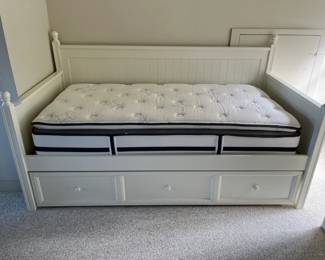 $390 Pottery  barn twin bed with trundle. 81 1/2 half inches wide by 41 1/2 inches deep by 46 inches high.  Available during  online beginning sale beginning Wednesday, May 8th at 8am and ending Thursday May 9th at 4pm.   Click on message seller to let us know you want to purchase it and we will reply with next steps.