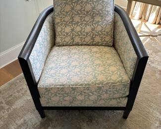 View of the Holly Hunt chair with a close up of the Fortuny fabric detail.