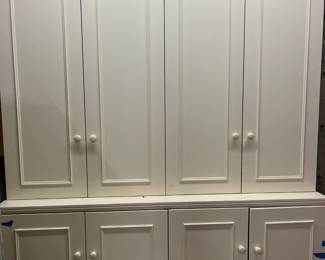 $200. Painted wood cabinet with crown molding not visible in this photo.  80"w x 19.5"d x 100" h including molding.  Comes apart in three pieces - molding, upper portion and lower portion.  Lower portion is 33"h.  Available during  online beginning sale beginning Wednesday, May 8th at 8am and ending Thursday May 9th at 4pm.   Click on message seller to let us know you want to purchase it and we will reply with next steps.