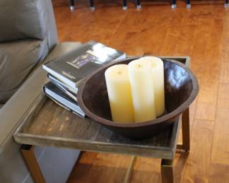 Pottery Barn rustic bowl and candles