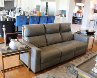 Contemporary gray leather sofa - powered, with USB and extra battery to avoid and floor cord showing