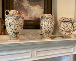 Pottery from Portugal $80 Pair of urns SOLD VASES ONLY & platter $45