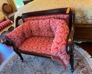 #99 - $250 - American Empire setee, red damask 45x27x34