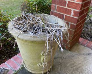 #121 - $140 - Pair of white concrete planters with side ornaments