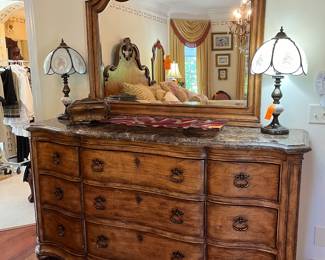 #105 - $1495 - Thomasville king bed, (2) nightstands 38x20x23, Dresser with mirror 76x7'Hx20D