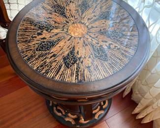 #33 - $100 - Decorative round side table - faux inlaid 22Wx29H