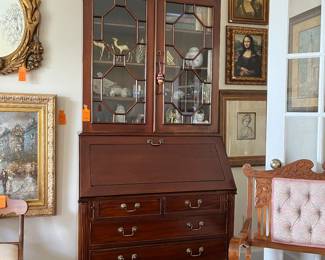#93 - $695 - Slant front secretary desk with open pediment. Not old. 39Lx8Tx21D