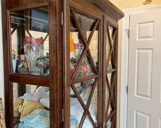 #79 - $400 Display cabinet glass and wood with glass shelves and open glass sides 39 1/2Lx 77Hx18D