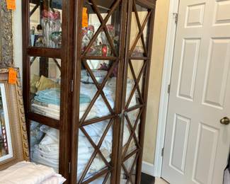 #79 - $400 Display cabinet glass and wood with glass shelves and open glass sides 39 1/2Lx 77Hx18D