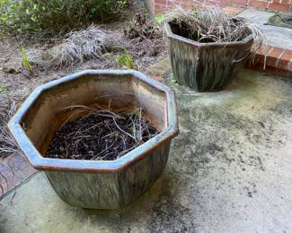 #$140 Pair of large glazed greenish octogonal planters