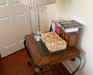 #34 - $90 Side table slate top in wood. Iron base