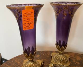$60 pair of purple and brass base trumpet vase. one missing top brass ring.