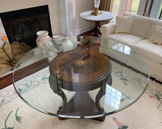 #12 - $150 - Inlaid table can be without glass top 26W, with glass 54"W - 24"W just wood stand