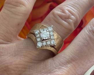 D- 14kt rose gold wedding set custom made in New Orleans in the 60's - band is attached to the engagement ring. $2850