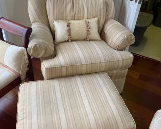 #51 - $150 - Thomasville cream stripped swivel armchair & ottoman