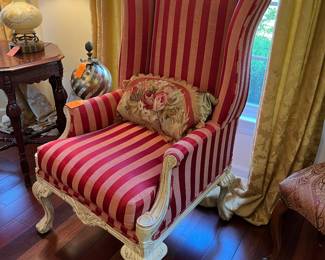 #103 - $180 -High Wing back chair red stripes & white frame