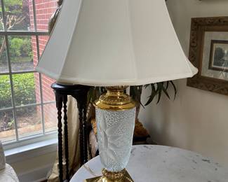 #9 - $150 - Pair of glass etched lamps - brass base
