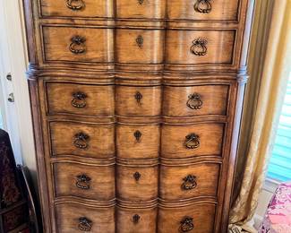 #105 - $1495 - Thomasville king bed, (2) nightstands 38x20x23, Dresser with mirror 76x7'Hx20D