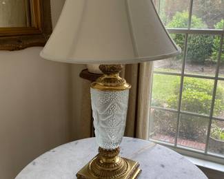 #9 - $150 - Pair of glass etched lamps - brass base 31"T with shade