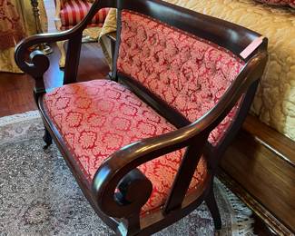 #99 - $250 - American Empire setee, red damask 45x27x34