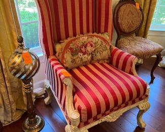#103 - $180 -High Wing back chair red stripes & white frame