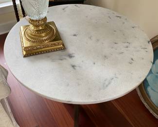 #8 - $495 - Pair of round marble grey top table with mahogany tripod base