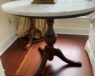 #8 - $495 - Pair of round marble grey top table with mahogany tripod base