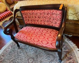 #99 - $250 - American Empire setee, red damask 45x27x34