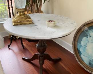 #8 - $495 - Pair of round marble grey top table with mahogany tripod base