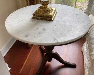 #8 - $495 - Pair of round marble grey top table with mahogany tripod base