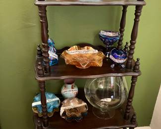 Walnut etegere, Fenton, Carnival glass, Milk Glass punch bowl & cups