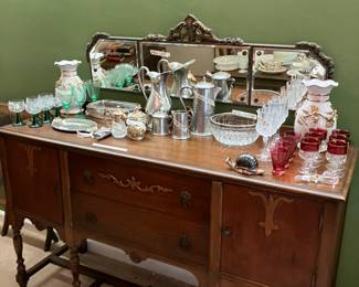 1930s sideboard, Pewter, German clear/green wines, Ruby Thumbprint wines, S/P snail condiment