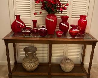 Console Table, Red Glass Collection, pottery pots