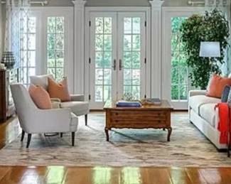 Square wood table, white side chairs, white sofa