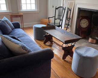 Blue Sofa, Antique Wagon Seat Table, Poofs