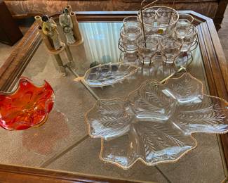 Mid Century!! Century Beveled Glass Brass Cocktail Table, Mid Century Viking Glass Orange Free Form, Jeanette Glass Bar Ware with Caddy