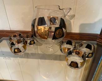 Mid Century Black/Gold Bar Ware, Pitcher with 6 Roly Poly Glasses