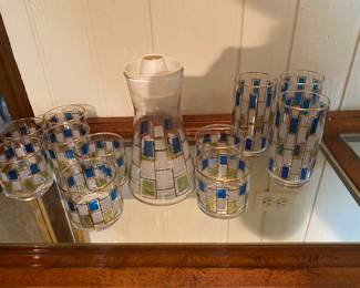 Mid Century Juice Carafe, with 3 Tall Drinking Glasses, Juice and Rock Glasses